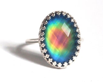 Classic Crown Faceted Mood Ring in Sterling Silver with Color Changing Stone