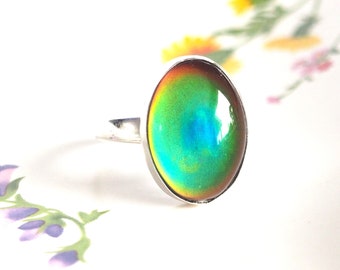 Adjustable Mood Ring in Sterling Silver, Color Changing Stone