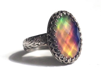 Classic Crown Faceted Mood Ring in Antiqued Sterling Silver Floral Band with Color Changing Stone