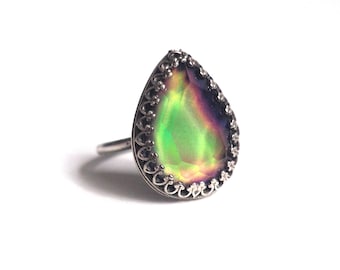 Faceted Teardrop Mood Ring in Antiqued Sterling Silver with Color Changing Stone