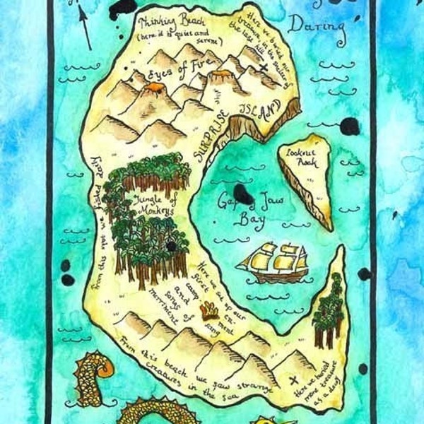 Pirate Map Print - Surprise Island Treasure Map 5" x 7" Print