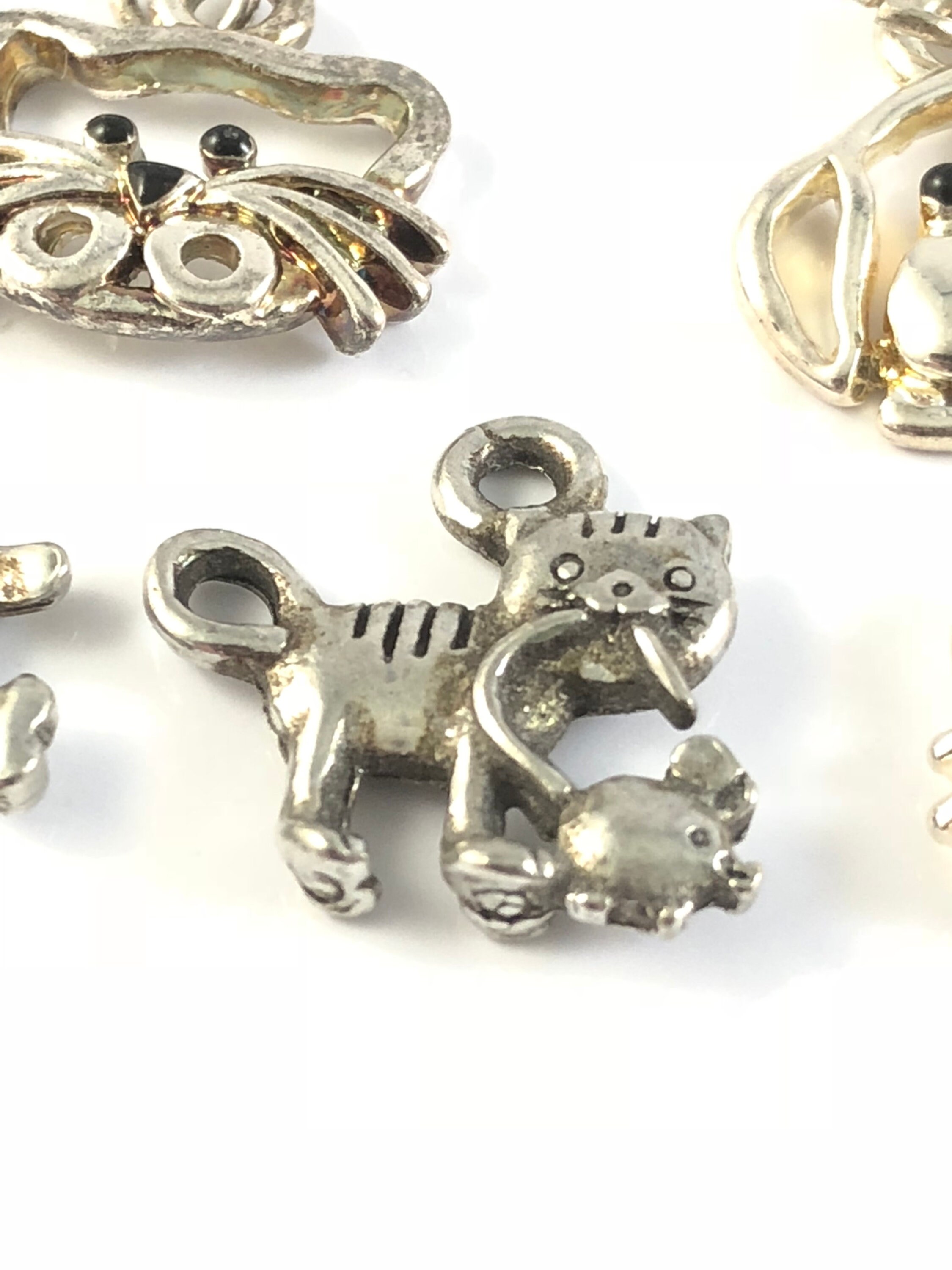 Charms Dog and Cat in Sterling Silver Plate and Pewter With Loop Set of