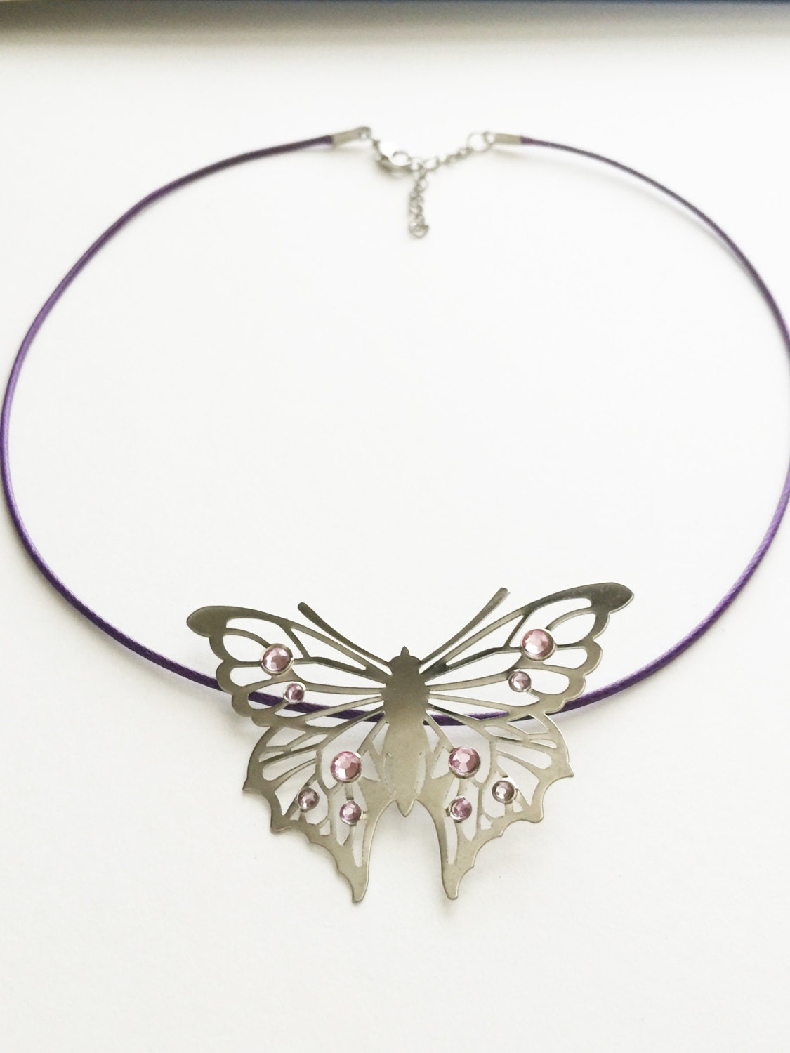 Necklace Large Butterfly Silver Tone With Pink Crystals on - Etsy