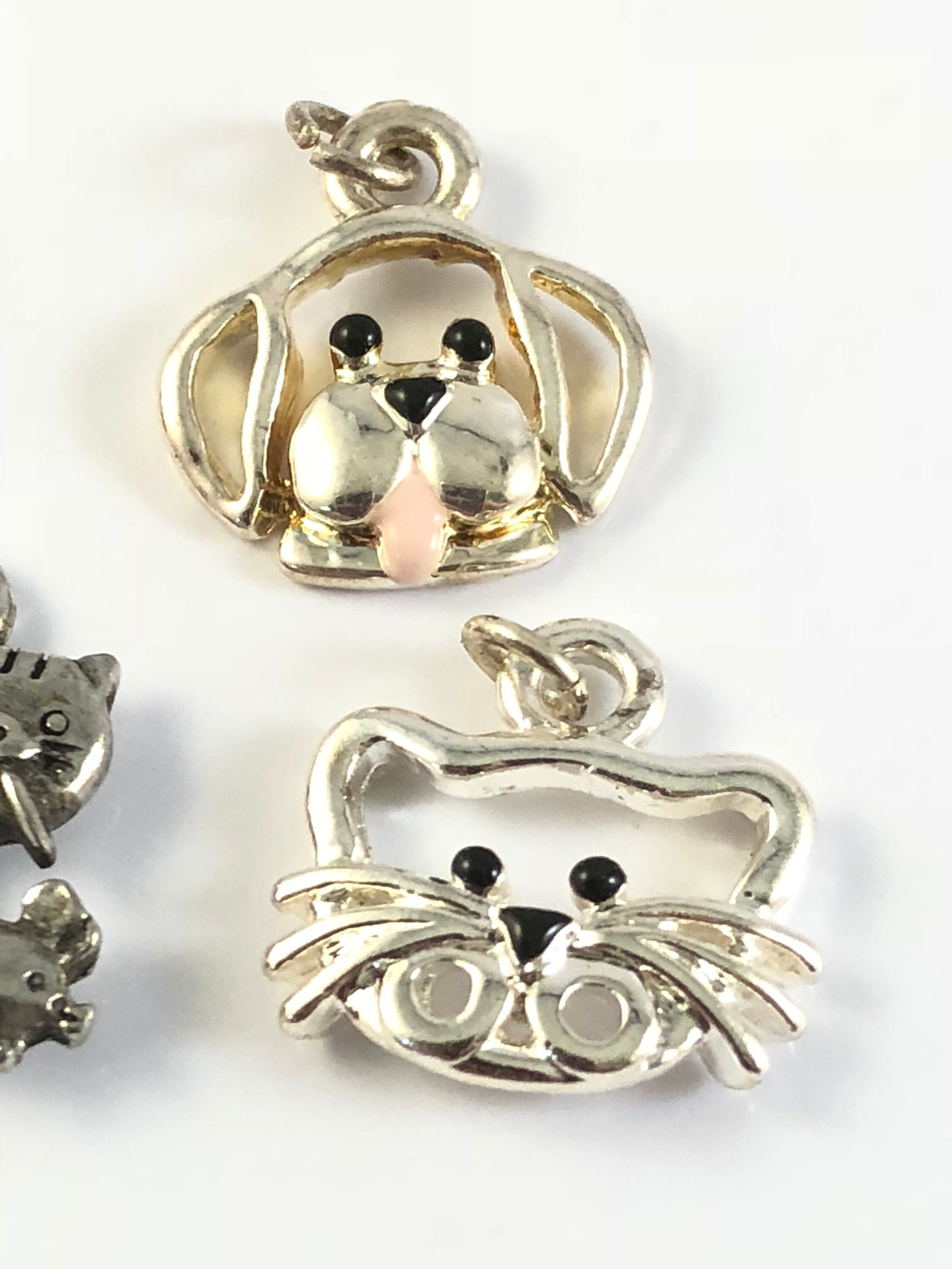Charms Dog and Cat in Sterling Silver Plate and Pewter With Loop Set of