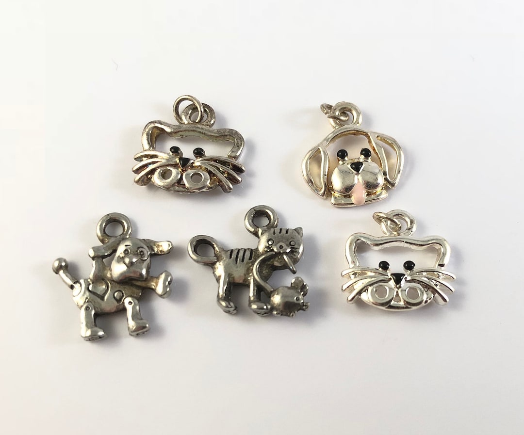 Charms Dog and Cat in Sterling Silver Plate and Pewter With Loop Set of