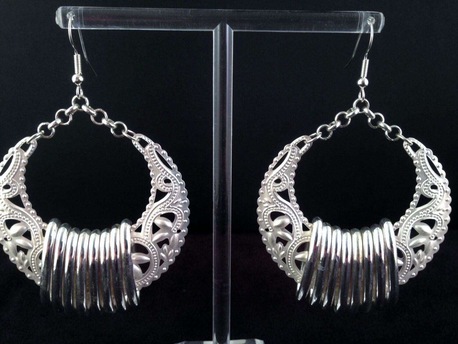 Large Silver Tone Earrings Metal Work Filigree With Rings Hoop Etsy