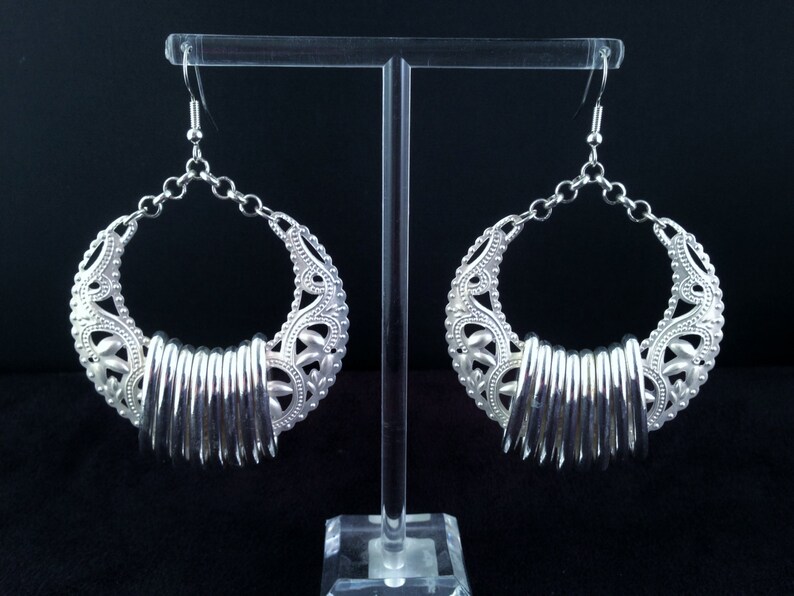 Large Silver Tone Earrings Metal Work Filigree With Rings Hoop Etsy