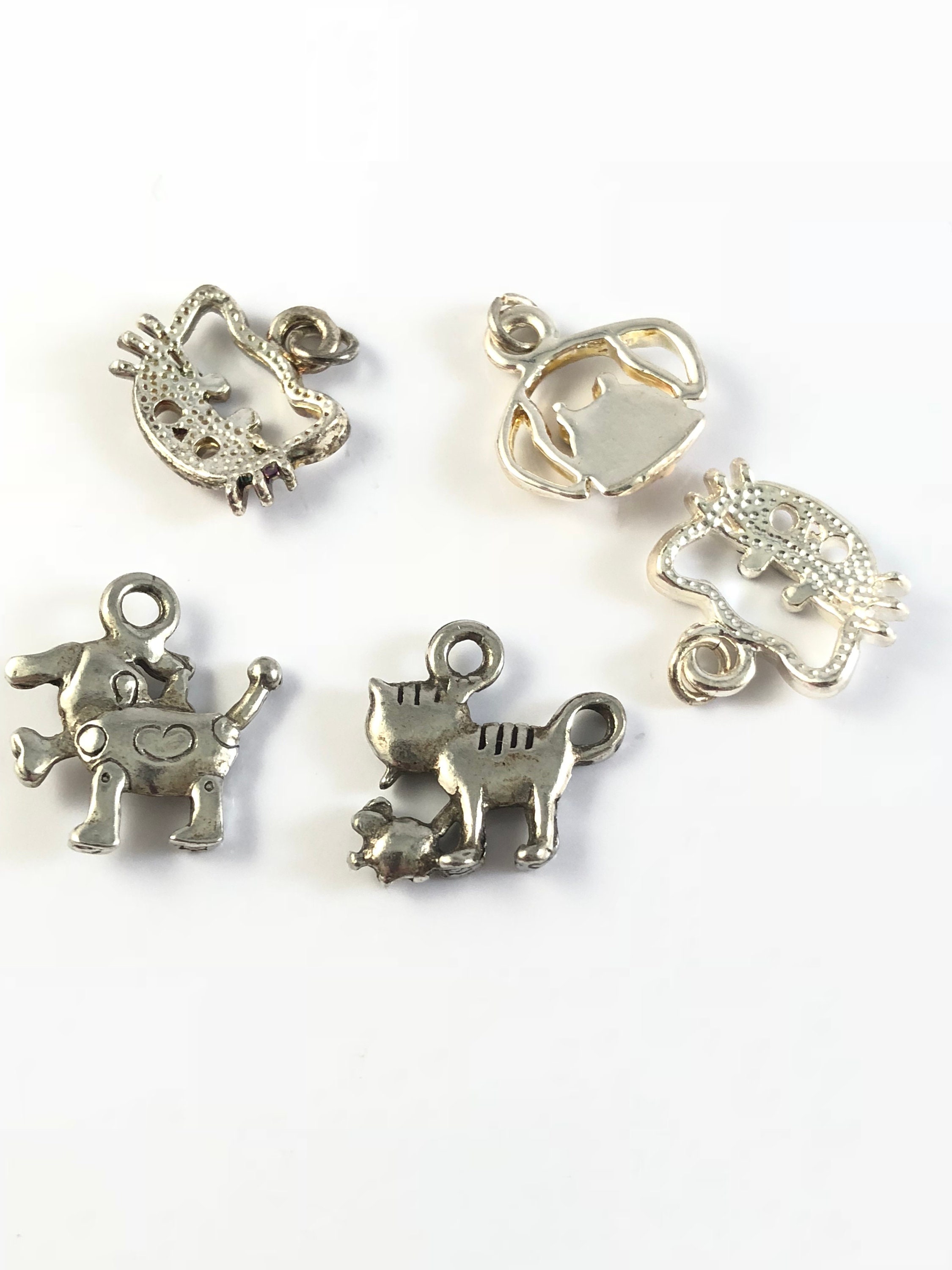 Charms Dog and Cat in Sterling Silver Plate and Pewter With Loop Set of