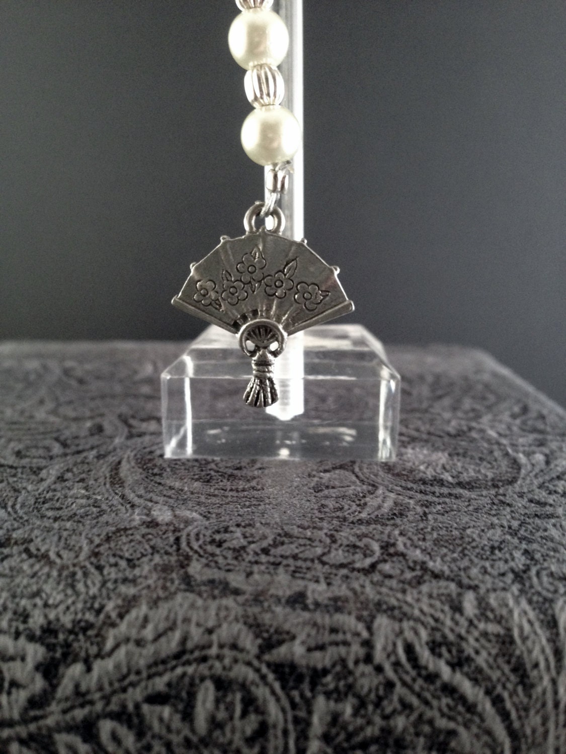 Silver Tone Fan With White Pearl Beads Charm Lanyard Zipper Etsy