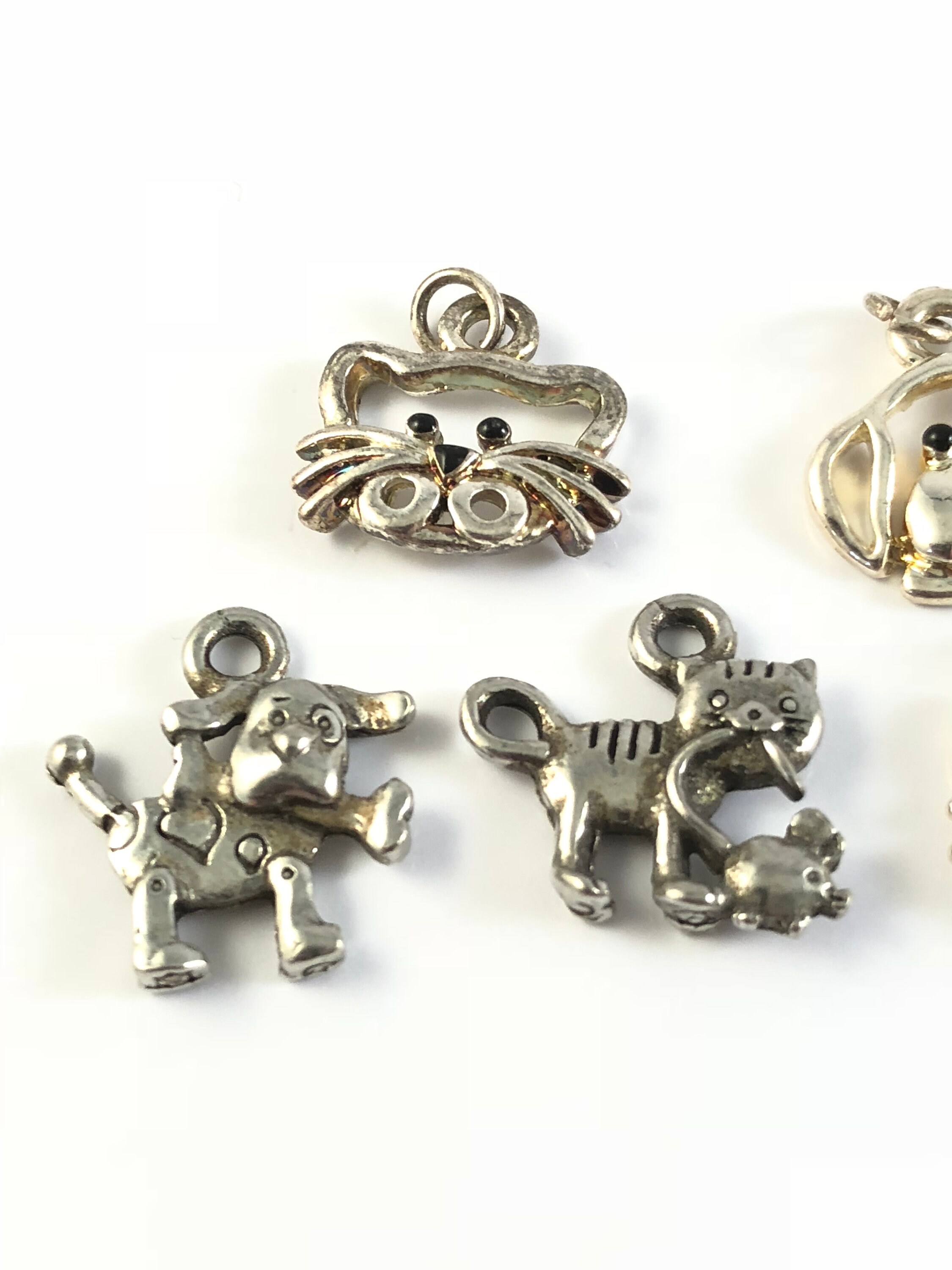 Charms Dog and Cat in Sterling Silver Plate and Pewter With Loop Set of