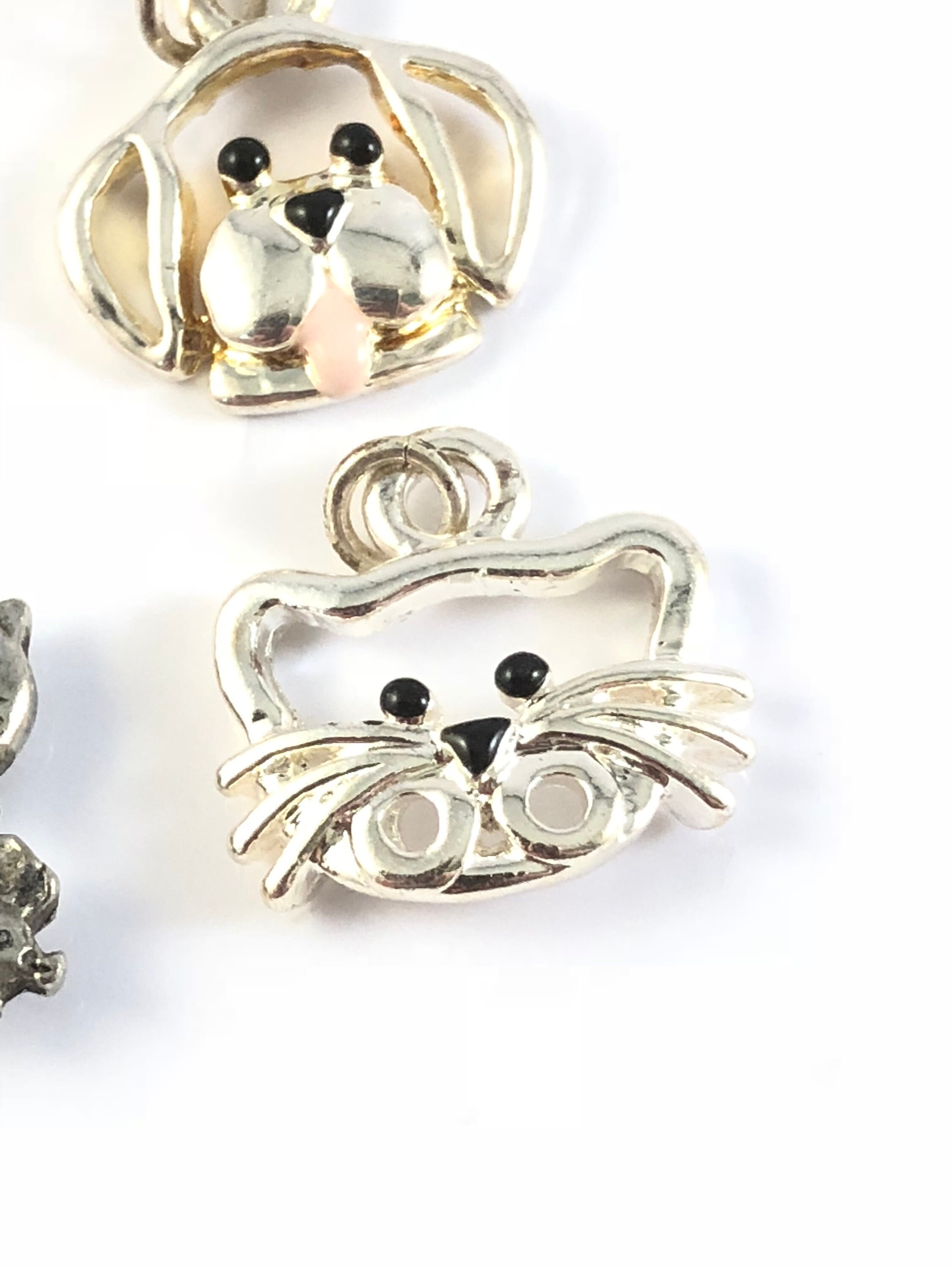Charms Dog and Cat in Sterling Silver Plate and Pewter With Loop Set of