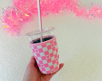 Magical Pink Checker Drink Sleeve | Character Iced coffee sleeve | Iced Drink | Girly cup sleeve | Happiest Place Friends