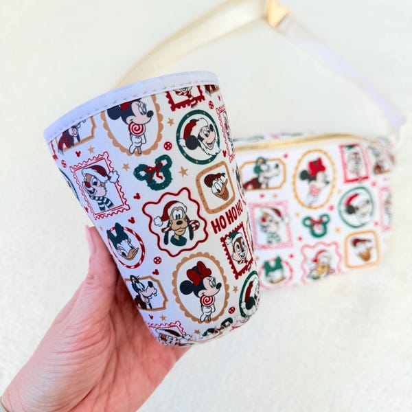 Holiday Stamps Drink Sleeve | Character Iced coffee sleeve | Iced Drink Coozie | Matching cup sleeve | Happiest Place Friends