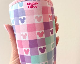 Colorful Checker Drink Sleeve | Character Iced coffee sleeve | Iced Drink Sleeve | Girly cup sleeve | Happiest Place Purple Park Snacks
