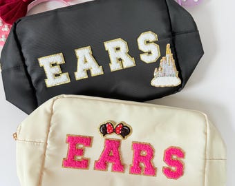 Bolsa Orelhas Mágicas - Bolsa Orelhas Personalizada Rosa Pink - Apliques de Chenille de Orelhas Personalizados - Bolsa de nylon tamanho XL - Bolsa tipo estojo de nylon - Estojo de orelhas