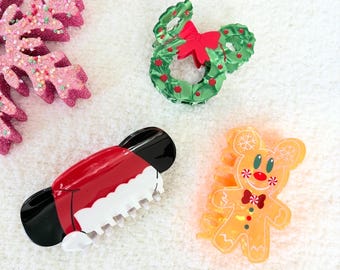 Holiday Mouse Gingerbread Santa Hat Claw Clip - Happiest Place Claw Clip - Mouse Ears Claw Clip- Womens Novelty Claw Clip