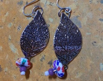 Leaf and bead drop earrings