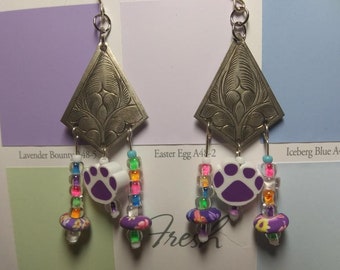 Purple Pawprint Triple Dangle Earrings