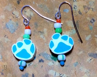 Aqua Paw Print Bead Earrings