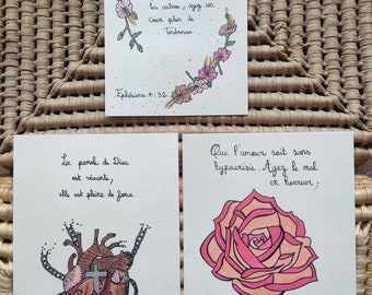 Lot de 3 cartes postales avec versets chrétiens et dessins au feutre - Fait main