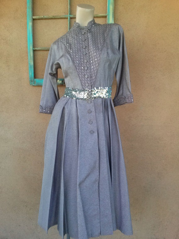Vintage 1950s Lavender Taffeta Faille Dress B35 W… - image 3