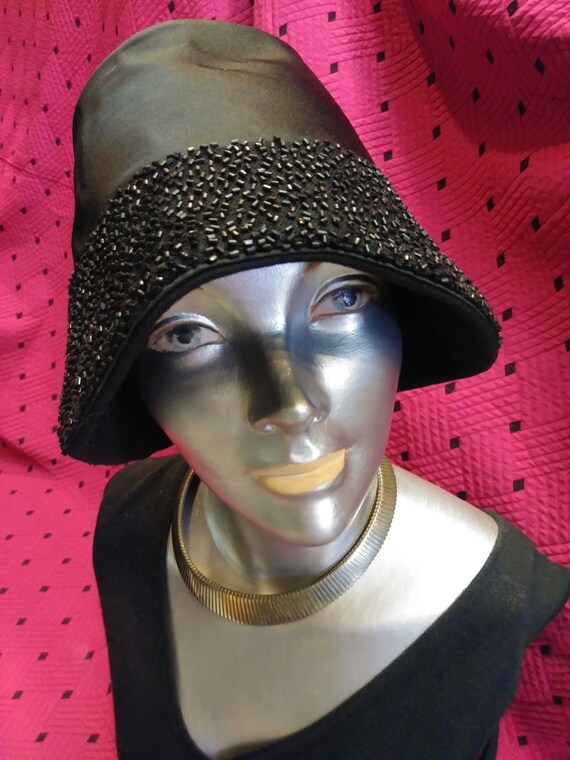 Vintage 1950s Black Satin Bucket Hat OS - image 4