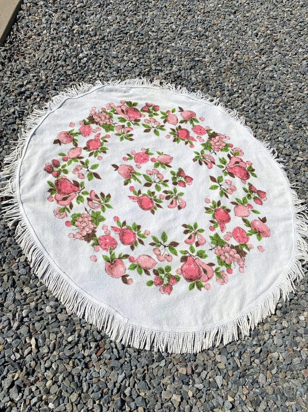 Vintage 1960s Terry Cloth Tablecloth Fruit Theme Round 46 X 52.5 Etsy