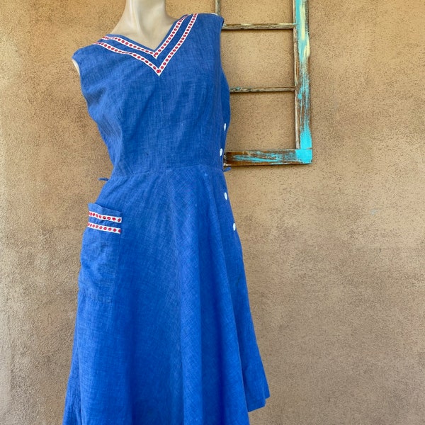 Vintage 1950s Blue Cotton Dress Buttons Down Side Sz M W29