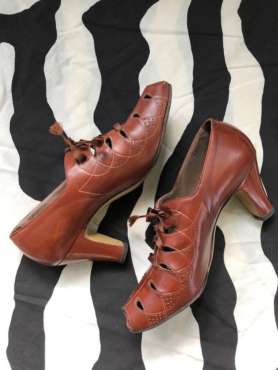 Vintage 1930s Brown Leather Shoes Peep Toe Oxford Sz 6.5 7N