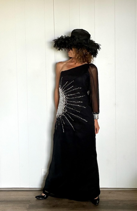 Vintage 1970s One Shoulder Chiffon Maxi Dress w Sequin Sun Sz S M