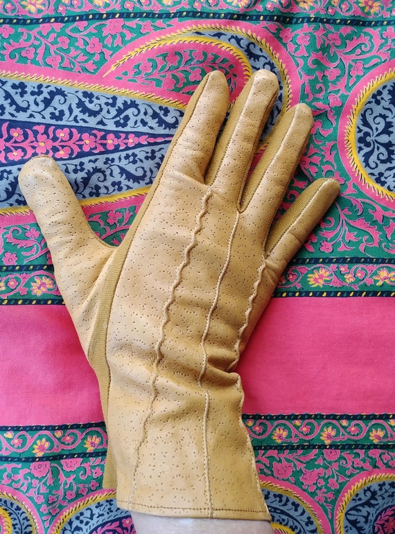 Vintage 1940s Brown Leather Driving Gloves Sz S 6… - image 1