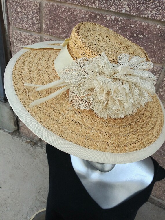 Vintage 1940s Straw Hat Tilt Perch OS