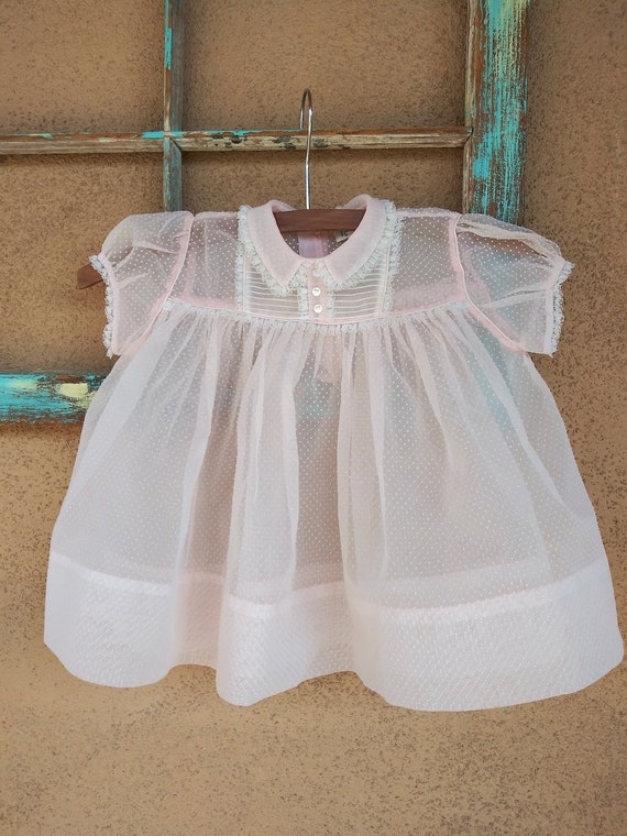 Vintage 1960s Pink Baby Dress Flocked Organza 9 M… - image 1