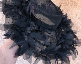 Vintage 1960s Black Saucer Hat W Ruffled Brim OS - Etsy display picture 2