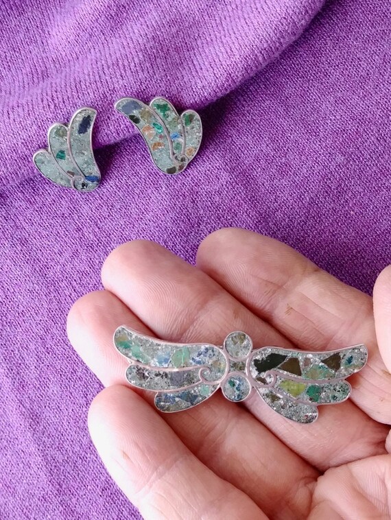 Vintage 1940s Turquoise Inlay Brooch Earrings Set… - image 2