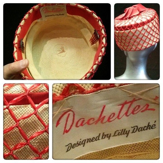 Vintage 1950s Lilly Dache Straw Pill Box Hat Spid… - image 5