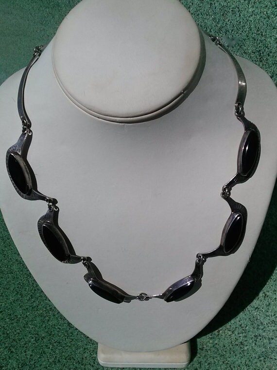 Vintage 1970s Onyx Silver Necklace Taxco Mexican … - image 3