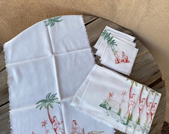 Vintage 1940s 1950s Hawaiian Hula Dancers Souvenir Tablecloth SET