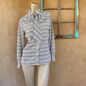 Vintage 1970s Polyester Bow Blouse with Chain Link Print Sz S