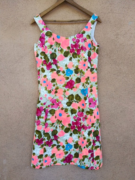 Vintage 1960s Neon Floral Dress Cotton Sleeveless… - image 3