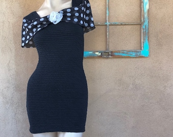 Vintage 1980s Polka Dot Bodycon Mini Dress Sz S M Up to US10