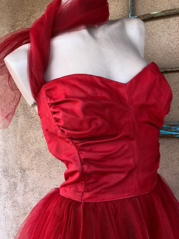 Vintage 1950s Red Tulle Party Dress Formal Gown S… - image 6