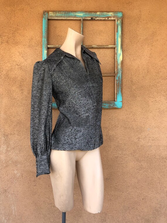 Vintage 1970s Silver Lurex Black Blouse Sz M - image 4