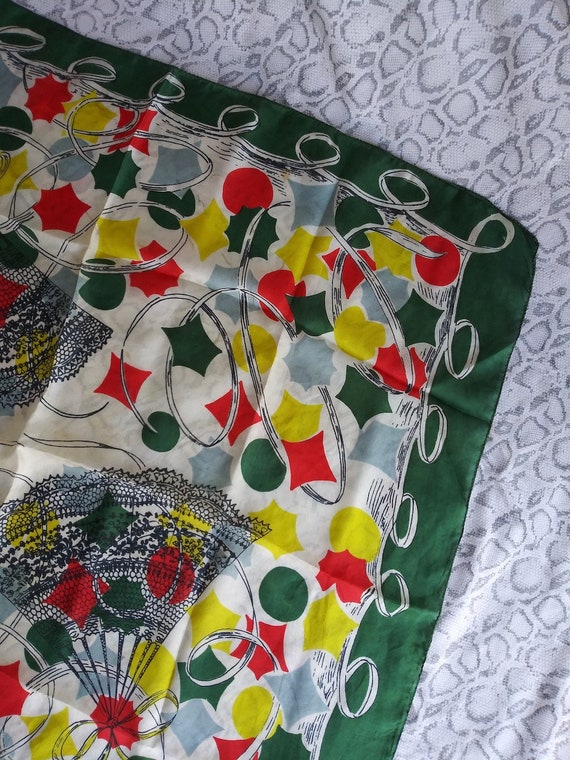 Vintage 1940s Silk Scarf Fans Novelty Print - image 4