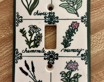 Placca interruttore in porcellana vintage anni '80, copri luce per cucina, erbe aromatiche