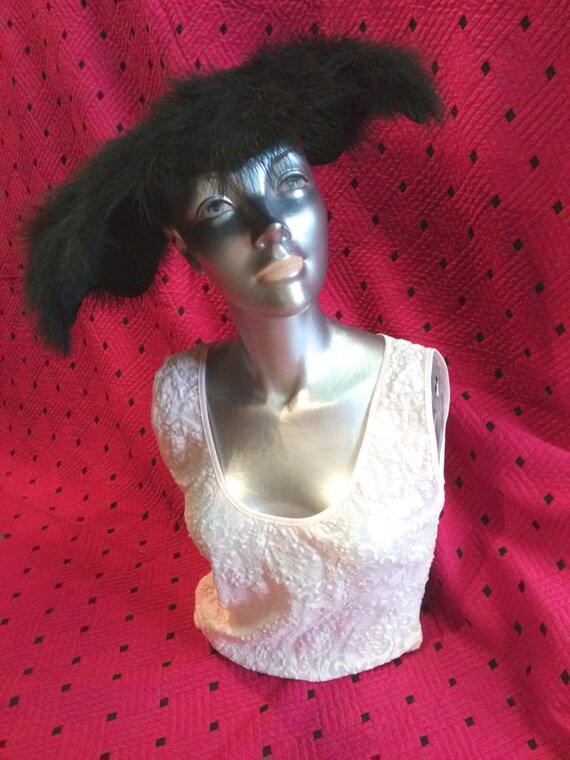Vintage 1950s Black Saucer Hat w Marabou