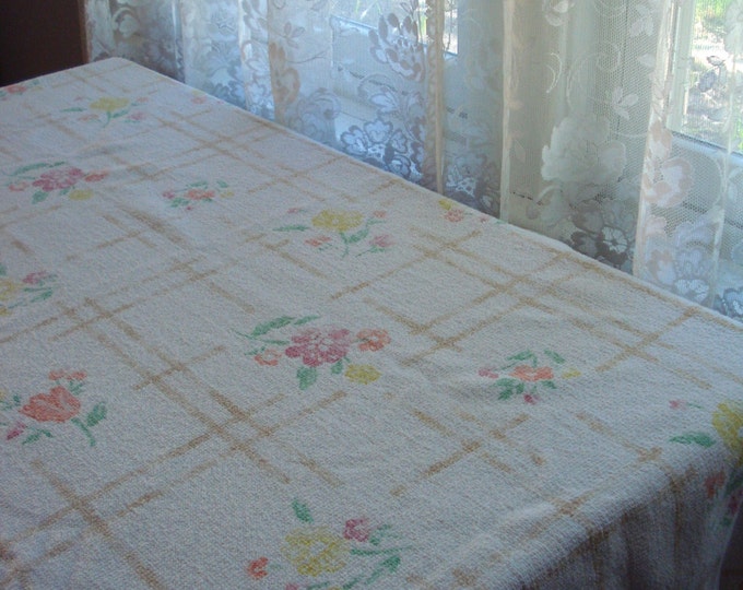 Vintage 1960s Terry Cloth Tablecloth Rectangle Fabric Stamp Block