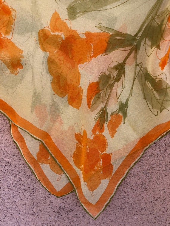 Vintage 1960s Vera Silk Chiffon Scarf Orange Iris - image 3