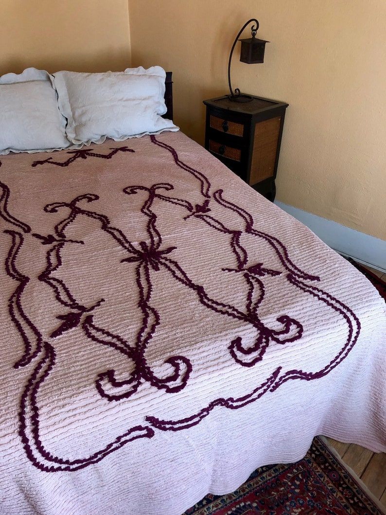 Vintage 1950s Chenille Bedspread Burgundy Rose Twin Sz Etsy