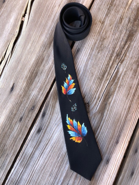 Vintage 1950s Hand Painted Necktie Black Silk Cre… - image 1